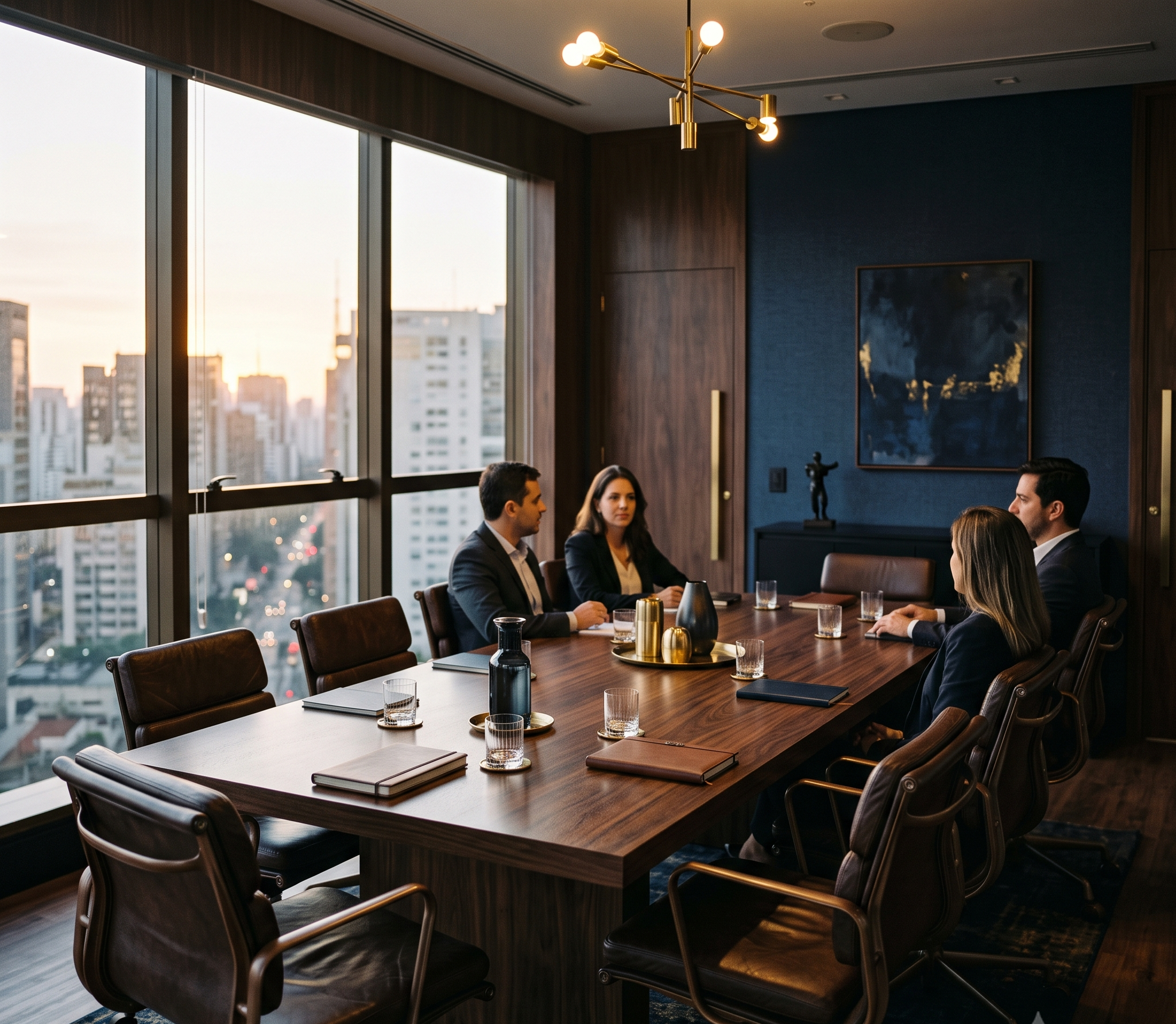 Sala de reunião de um escritório de advisory em São Paulo, em tons de azul marinho e luz suave