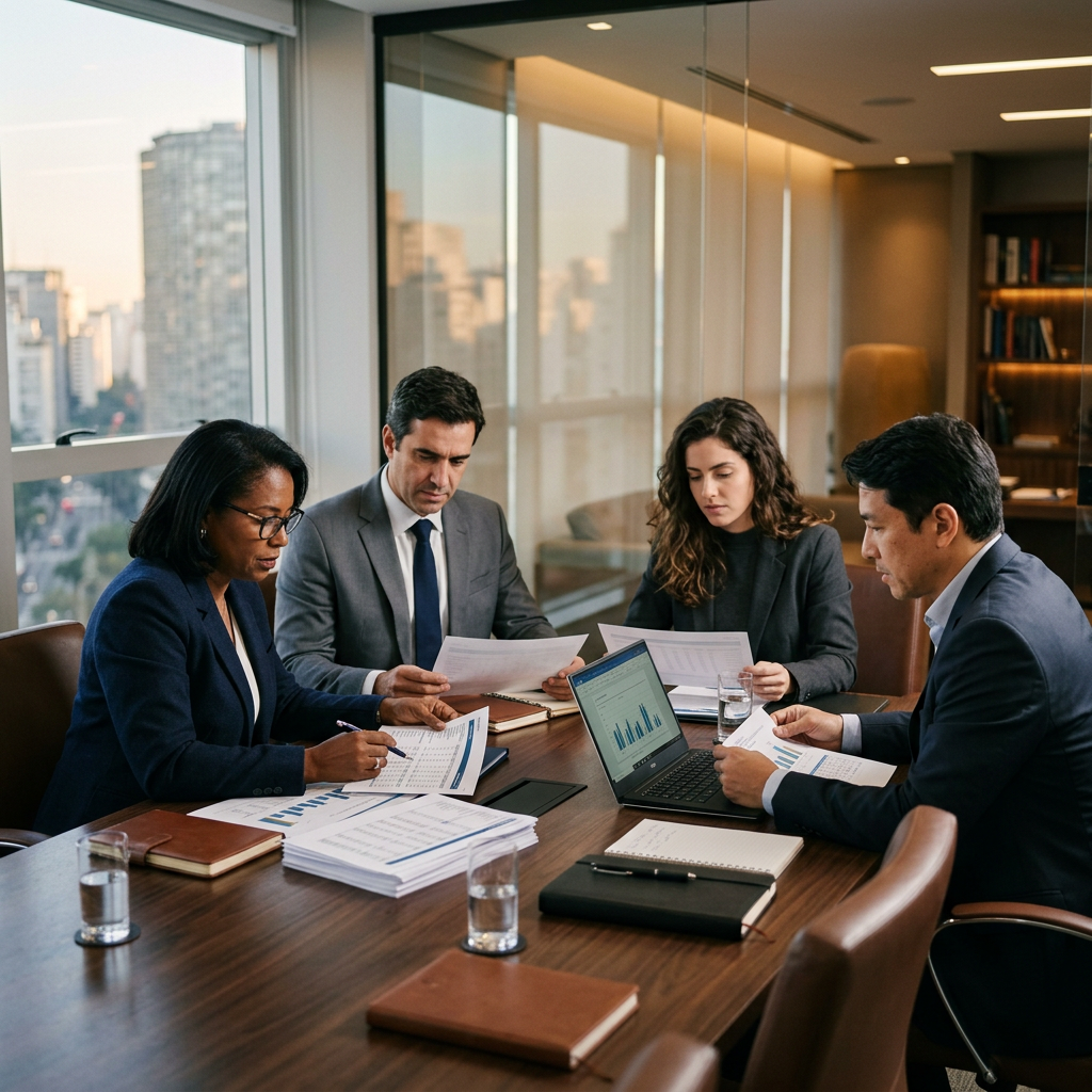 Equipe de executivos em reunião de trabalho ao redor da mesa, analisando relatórios financeiros, com a vista de São Paulo ao fundo